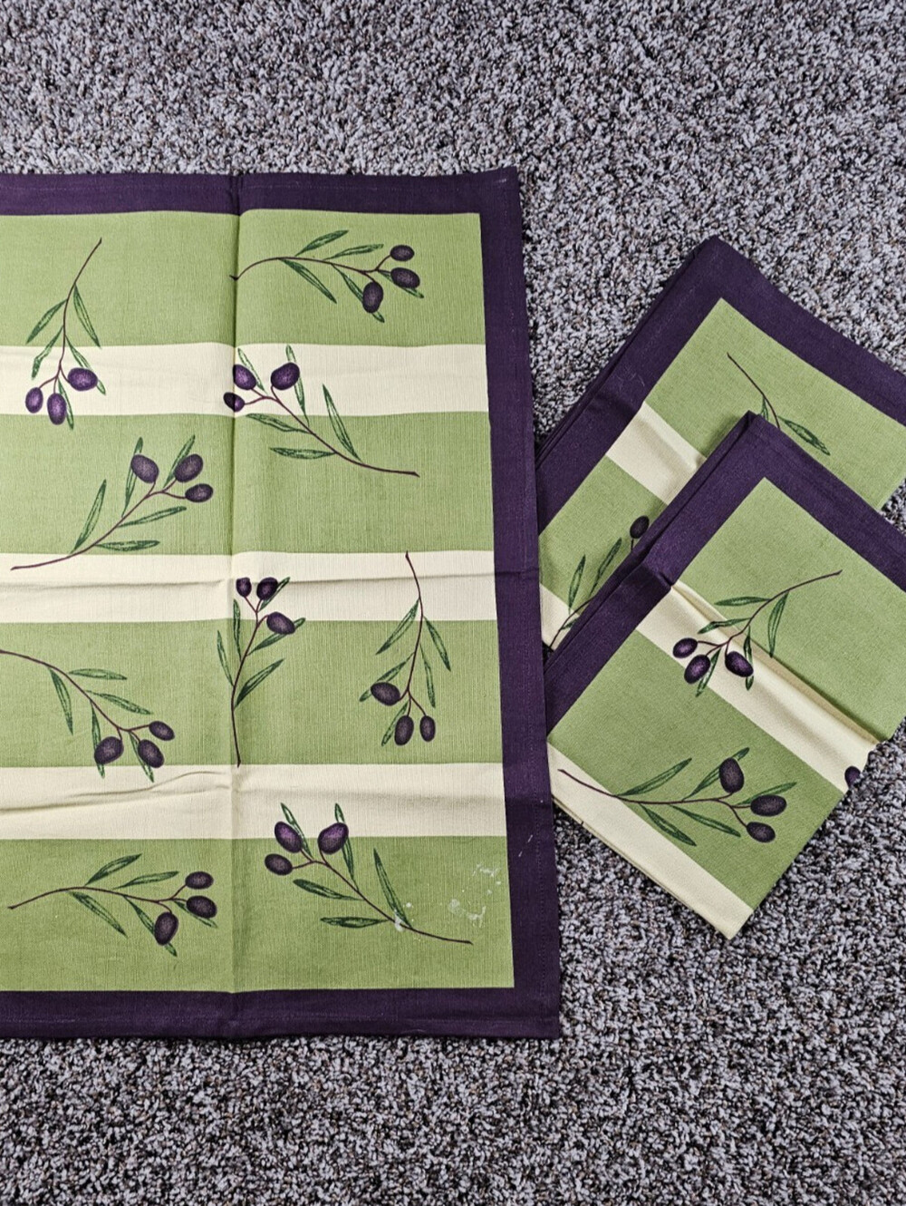 Tag Ltd "Olive Sprig" collection Lot of 3 Dish Towels Purple Green Vintage
